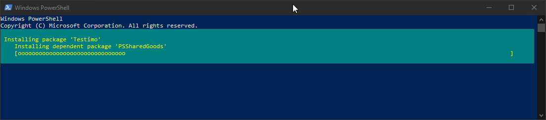 Wynik konsoli PowerShell z Initialize-ModulePortable pobierajacym modul Testimo do przenosnego katalogu.