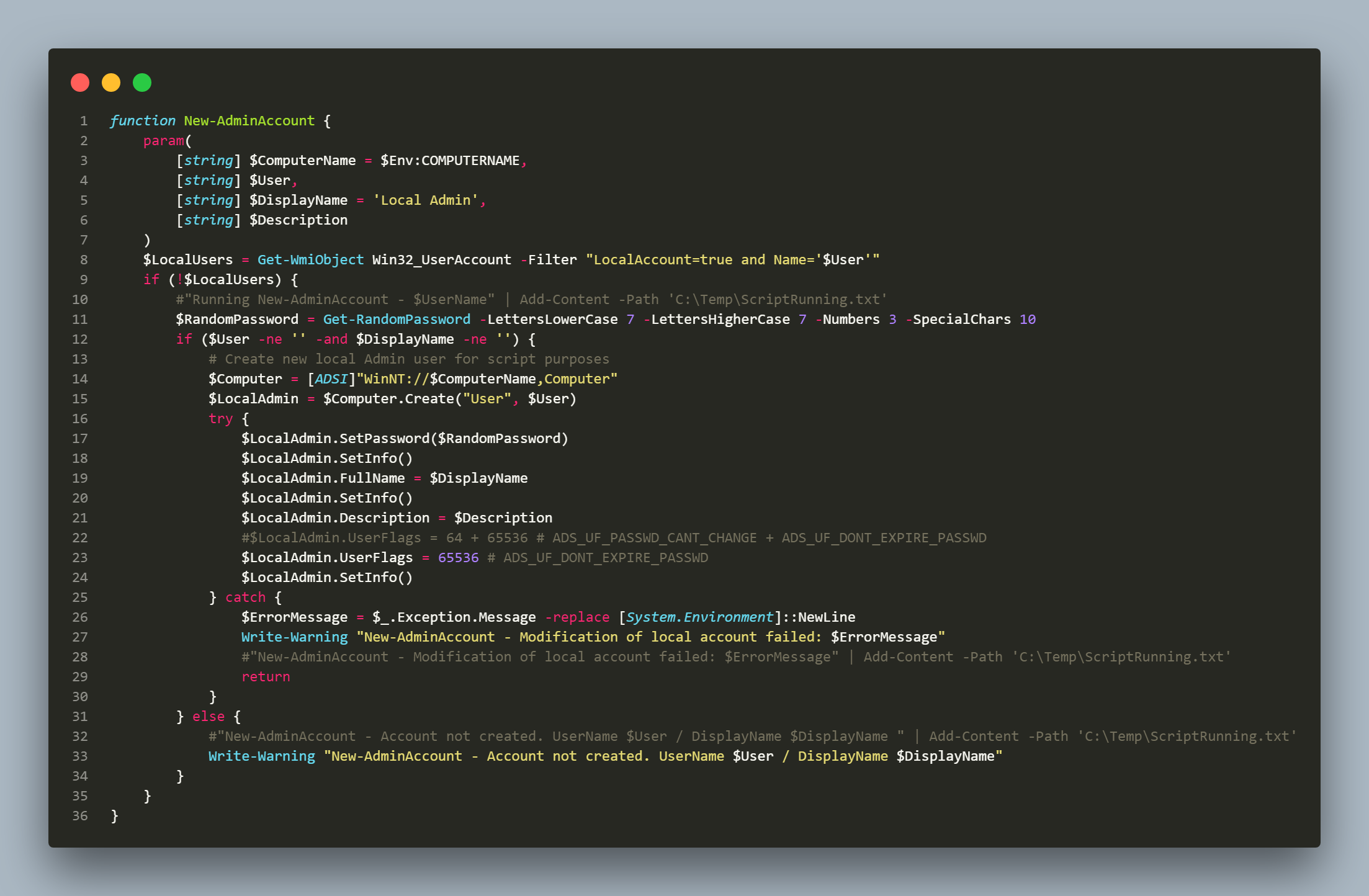 PowerShell script defining the New-AdminAccount function