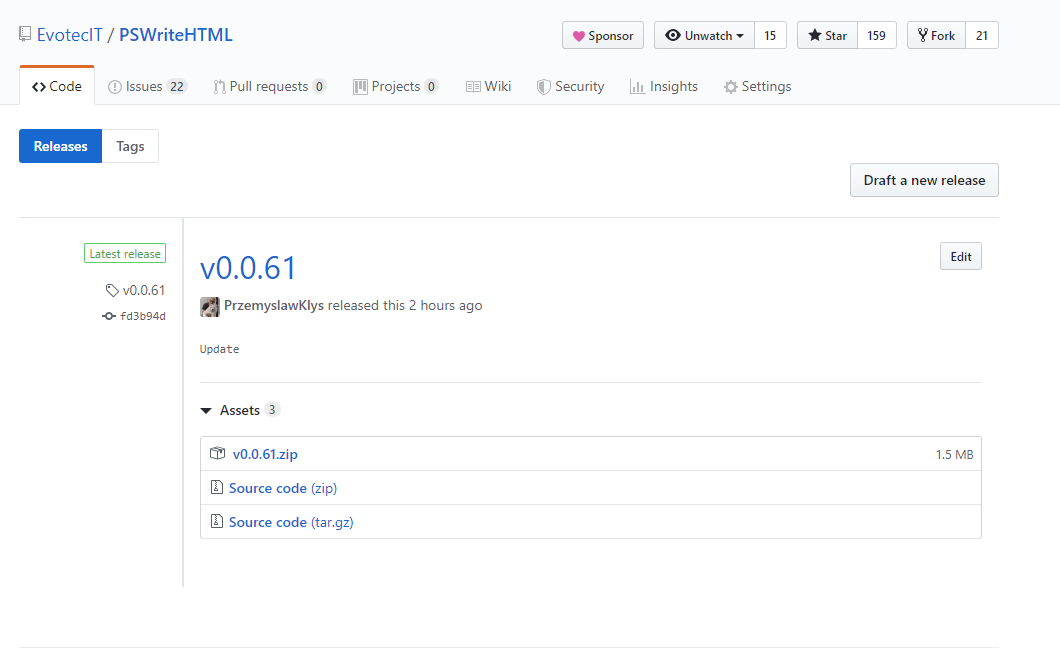 Strona wydania GitHub dla wersji PSWriteHTML