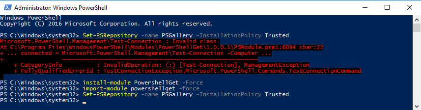 Sekwencja w konsoli PowerShell instalujaca nowszy PowerShellGet i ponawiajaca Set-PSRepository z powodzeniem.
