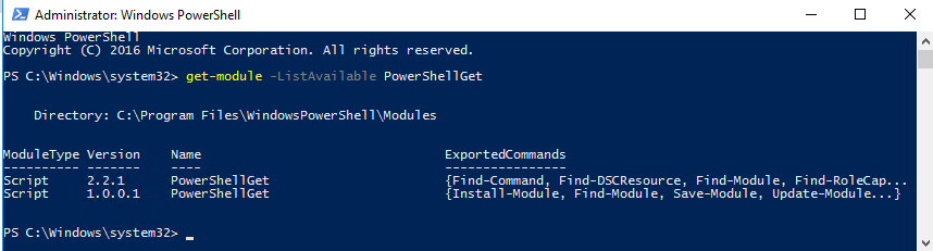Wynik Get-Module -ListAvailable pokazujacy zarowno wbudowana, jak i nowsza wersje PowerShellGet na systemie.