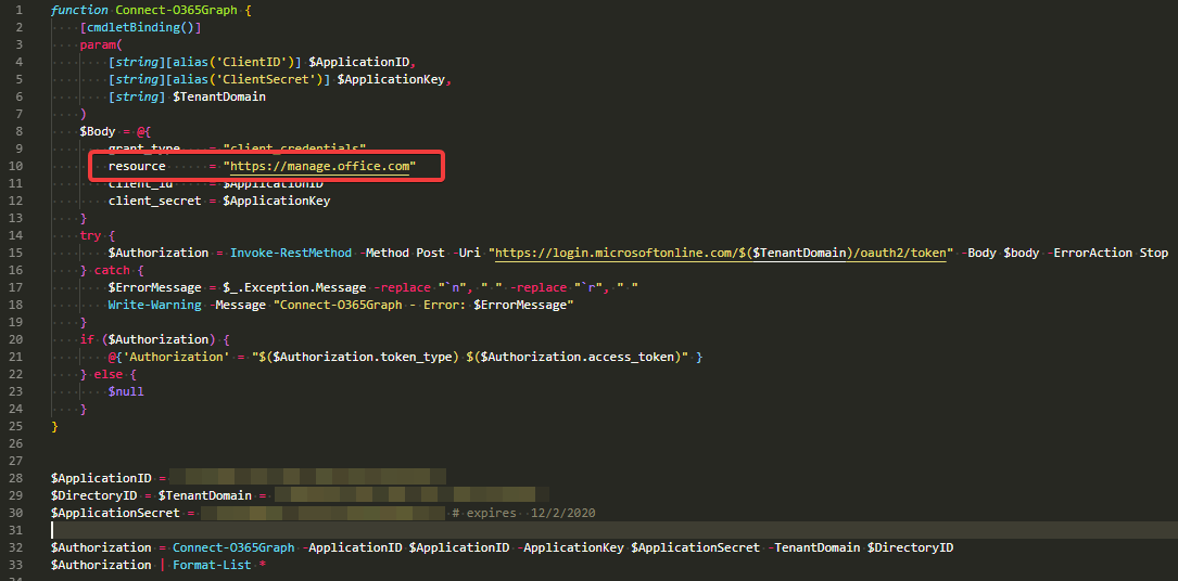 Przyklad PowerShell poprawiony tak, aby pobierac token dla graph.microsoft.com zamiast manage.office.com