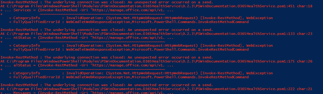 Błąd Invoke-RestMethod w PowerShell pokazujący przerwane połączenie podczas wywołań do manage.office.com API v1.