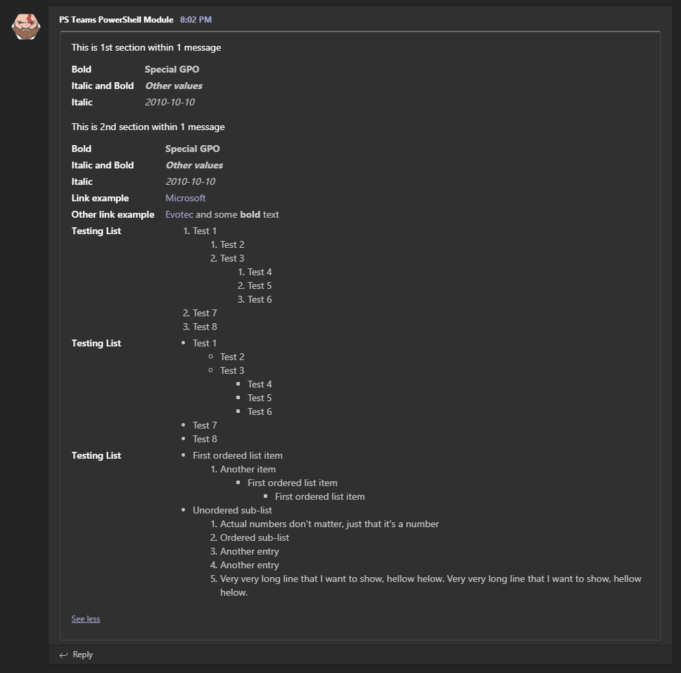Expanded Microsoft Teams card showing complex ordered and unordered nested lists
