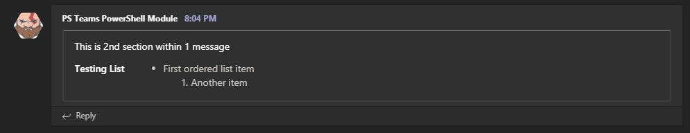 Microsoft Teams card section showing a short ordered list example