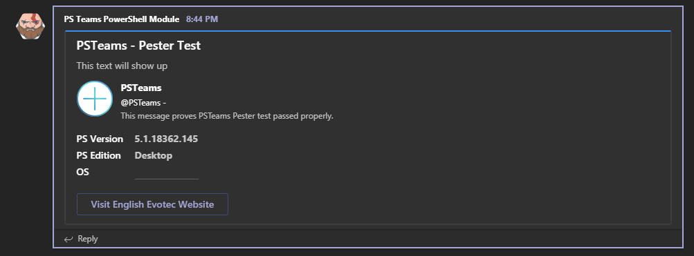 Microsoft Teams Pester test card with module details and a website button