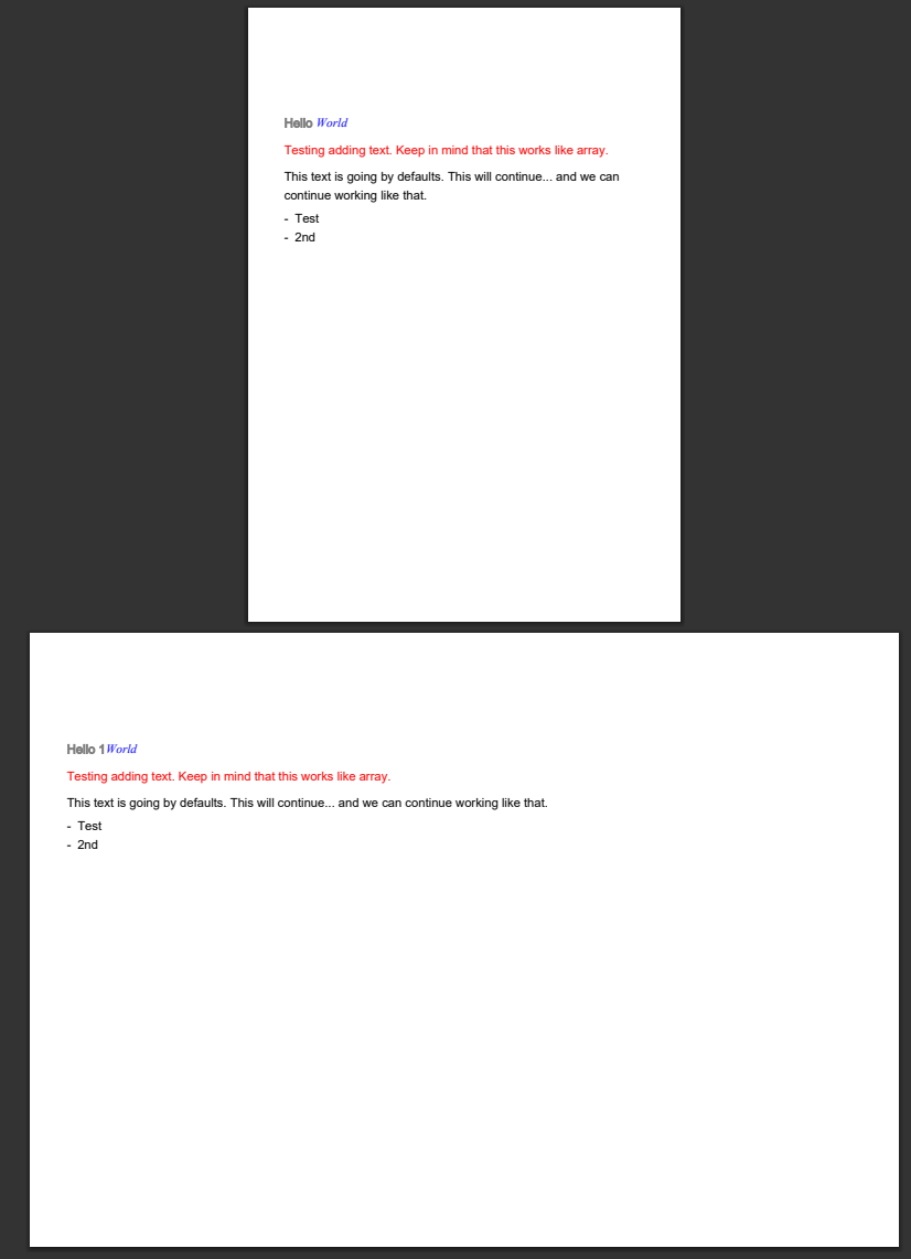 Wygenerowany PDF pokazujacy dwie sekcje z roznymi rozmiarami stron i rotacja