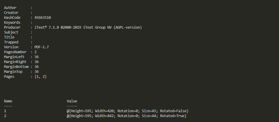 Sformatowane podsumowanie Get-PDFDetails z dodatkowymi informacjami o kazdej stronie