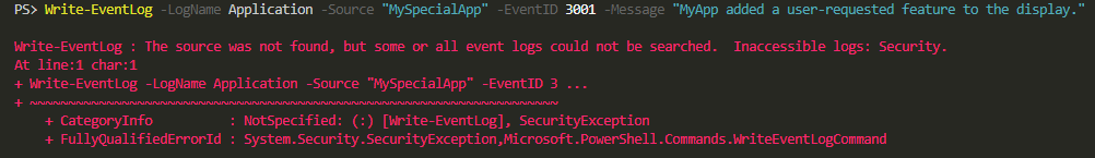 Blad PowerShell przy Write-EventLog, gdy nie mozna przeszukac dziennika Security