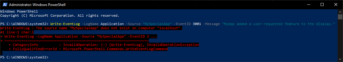 Blad PowerShell informujacy, ze zrodlo MySpecialApp nie istnieje