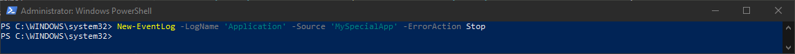 Wynik polecenia New-EventLog tworzacego zrodlo MySpecialApp