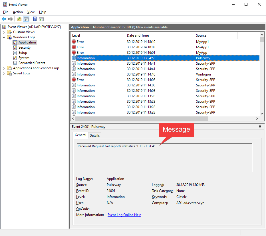 Wpis w Podgladzie zdarzen pokazujacy standardowy komunikat bez dodatkowych pol
