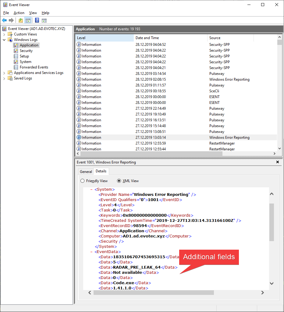 Szczegoly XML zdarzenia pokazujace dodatkowe pola danych