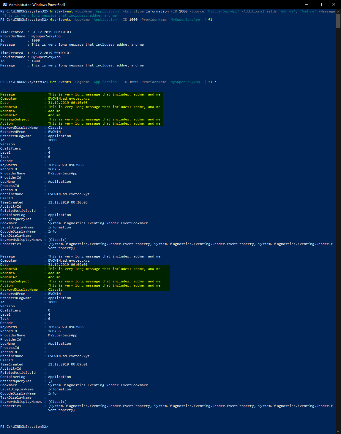 Wynik Get-Events pokazujacy dodatkowe pola zapisane przez Write-Event