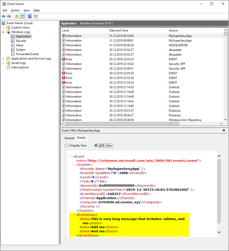 Widok XML zdarzenia MySuperSexyApp z komunikatem i dodatkowymi polami