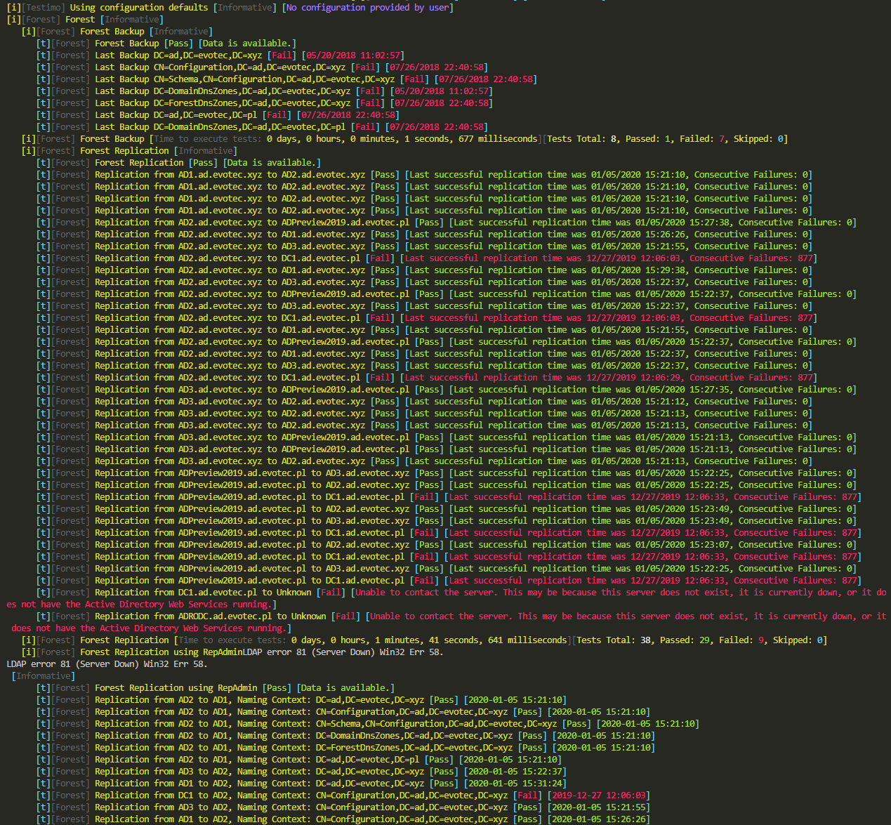 Wyniki Testimo w konsoli pokazujace testy kopii zapasowych i replikacji lasu