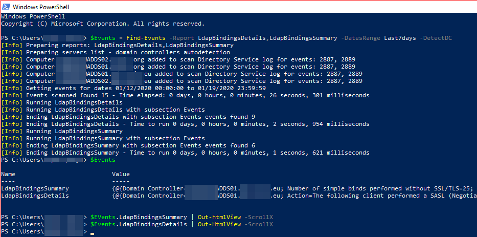 Wyjście Find-Events z raportami wiązań LDAP