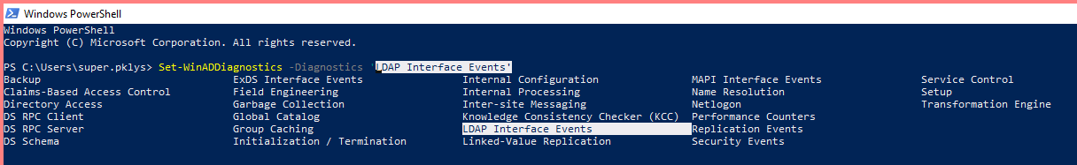 Wyjście Set-WinADDiagnostics dla LDAP Interface Events