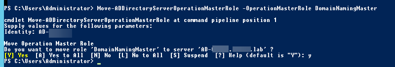 PowerShell przenoszący rolę DomainNamingMaster na inny serwer za pomocą Move-ADDirectoryServerOperationMasterRole.