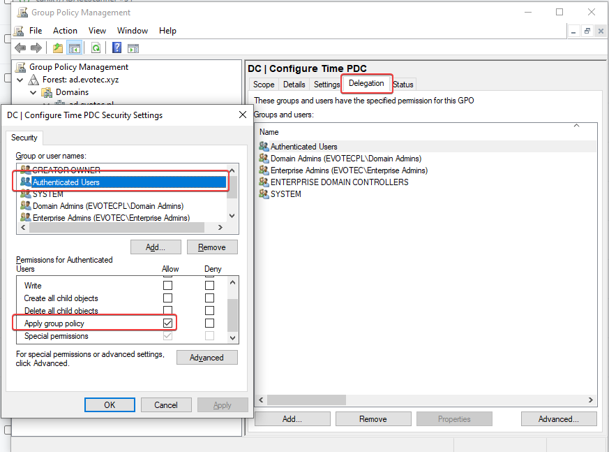 GPO delegation advanced permissions for Authenticated Users