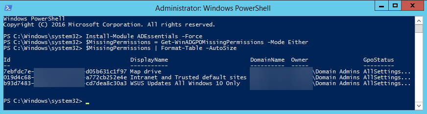 PowerShell output listing GPOs missing required permissions