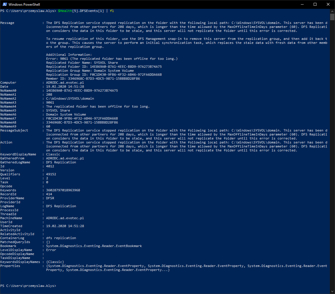 Widok PowerShell ze szczegółami zdarzenia replikacji DFS dla uszkodzonego kontrolera