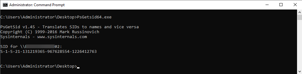 PsGetSid output showing the same machine SID on the second domain controller
