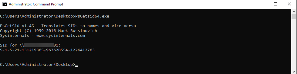 PsGetSid output showing the machine SID on the first domain controller