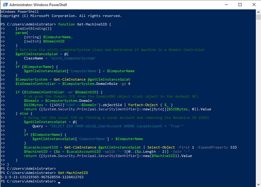 PowerShell Get-MachineSID script output returning the machine SID for AD1