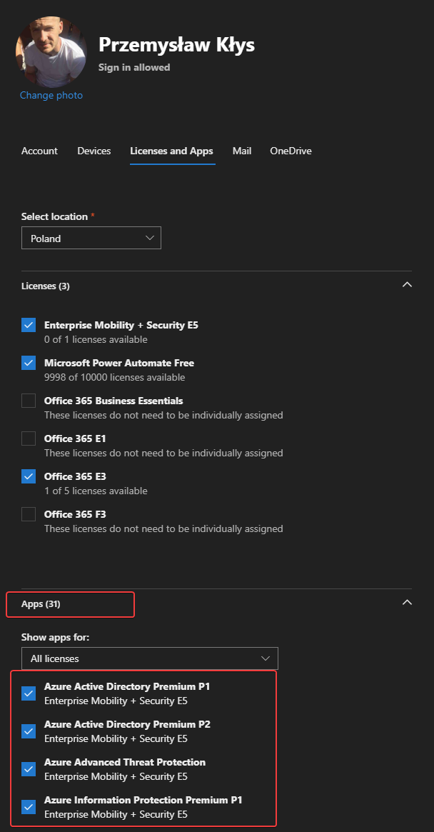 Ekran przypisywania licencji Office 365 z wybranymi aplikacjami, takimi jak Microsoft Teams