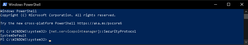 Wynik SecurityProtocol w PowerShell pokazujący wartość SystemDefault przed wymuszeniem TLS 1.2.