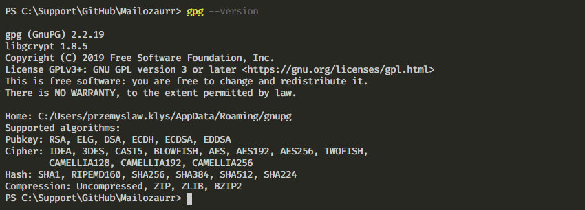 Wynik polecenia pokazujacy zainstalowana wersje GPG i obslugiwane algorytmy