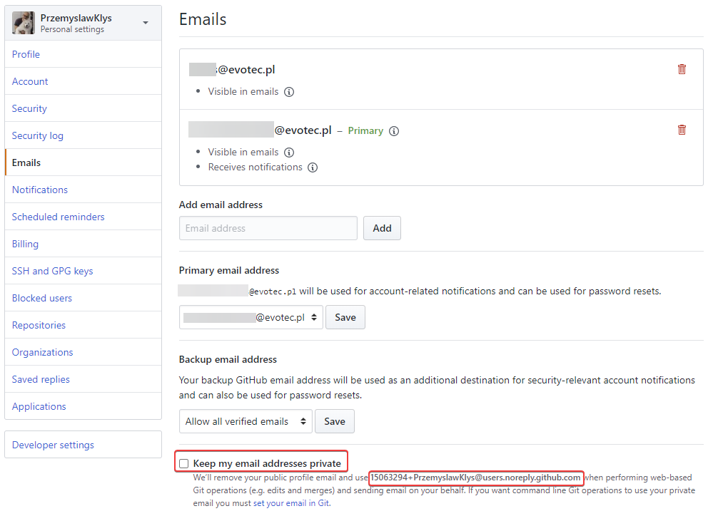 Strona ustawien adresow e-mail w GitHub z opcjami prywatnego adresu noreply
