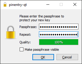 Okno hasla zabezpieczajacego wygenerowany klucz GPG
