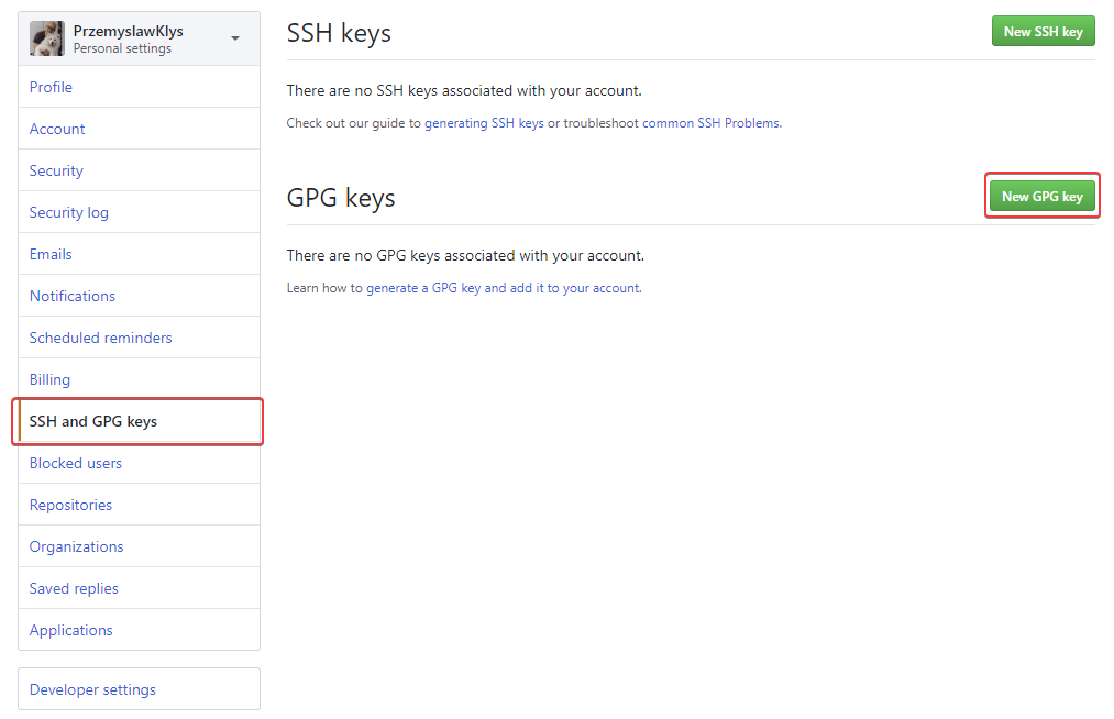 Strona ustawien GitHub do dodania nowego klucza GPG