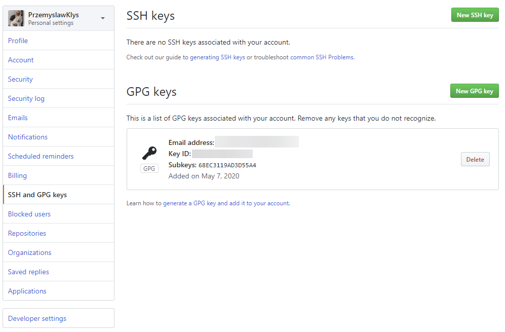 Formularz GitHub z wklejonym eksportowanym publicznym kluczem GPG