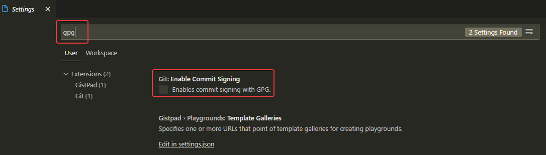 Ustawienia Git w Visual Studio Code z wlaczonym podpisywaniem commitow