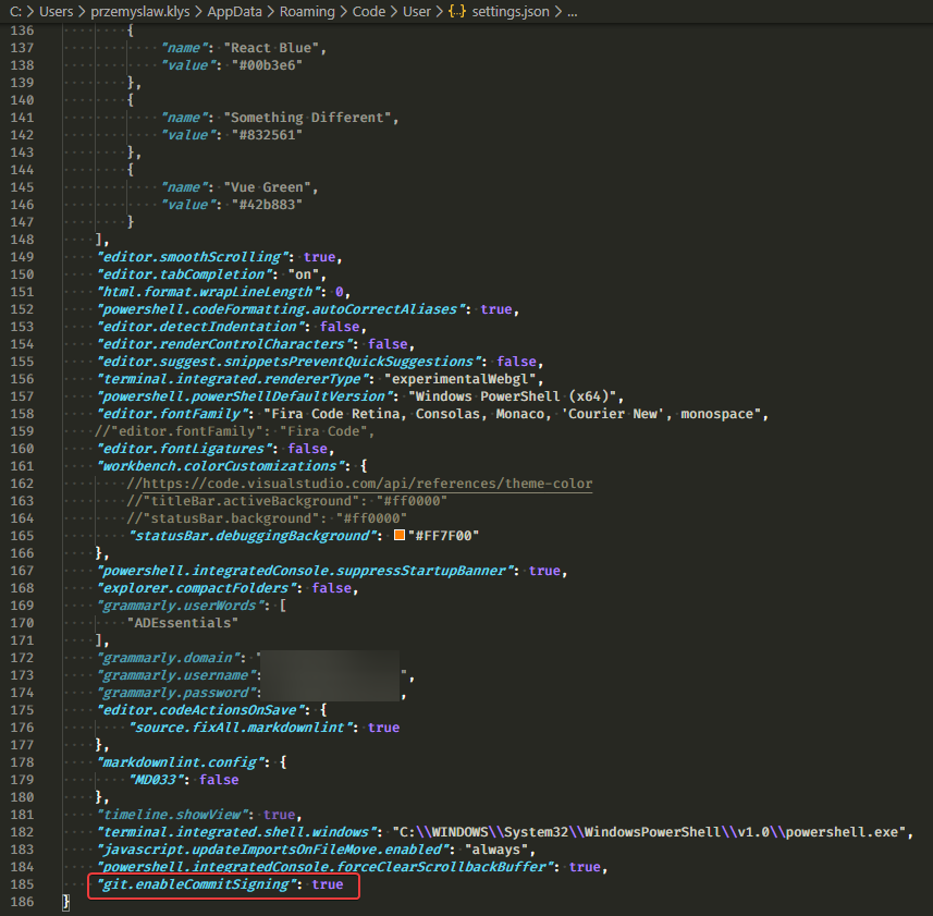 Plik ustawien VS Code pokazujacy git.enableCommitSigning ustawione na true