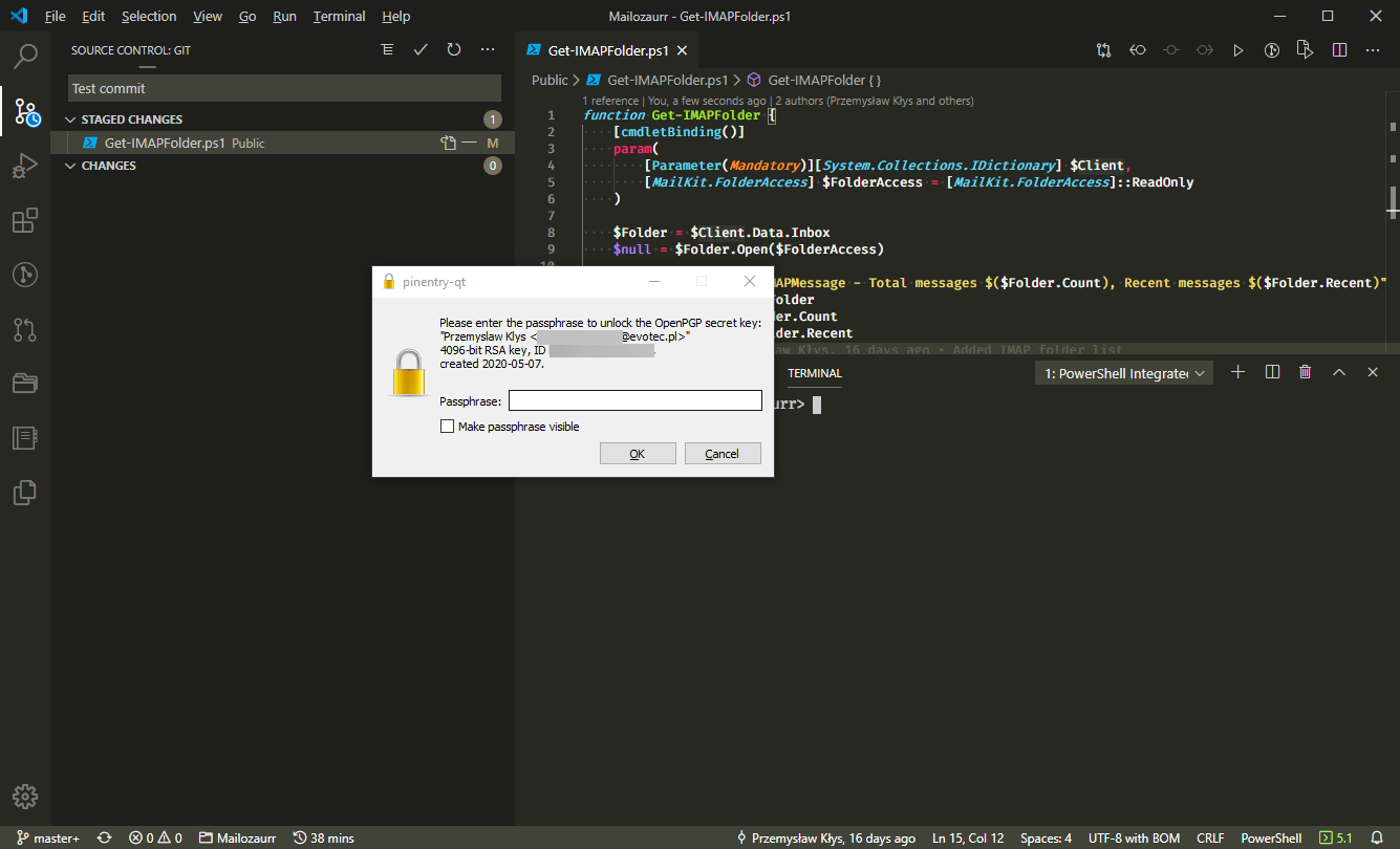 Strona commitu w GitHub pokazujaca nowo podpisany commit z Visual Studio Code