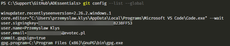 Wynik globalnej konfiguracji Git z kluczem podpisujacym i ustawieniami GPG
