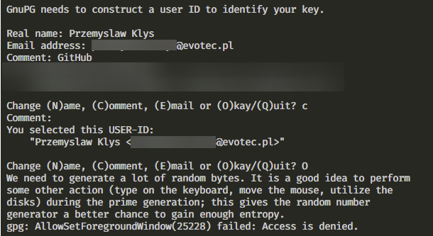 Szczegoly klucza GPG skopiowane do ustawien SSH and GPG keys w GitHub