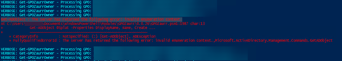 PowerShell error showing invalid enumeration context from Get-ADObject