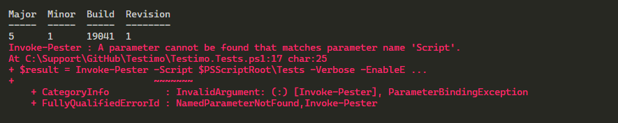 Wynik PowerShell pokazujacy blad Invoke-Pester, poniewaz parametr -Script nie jest rozpoznawany w Pester 5