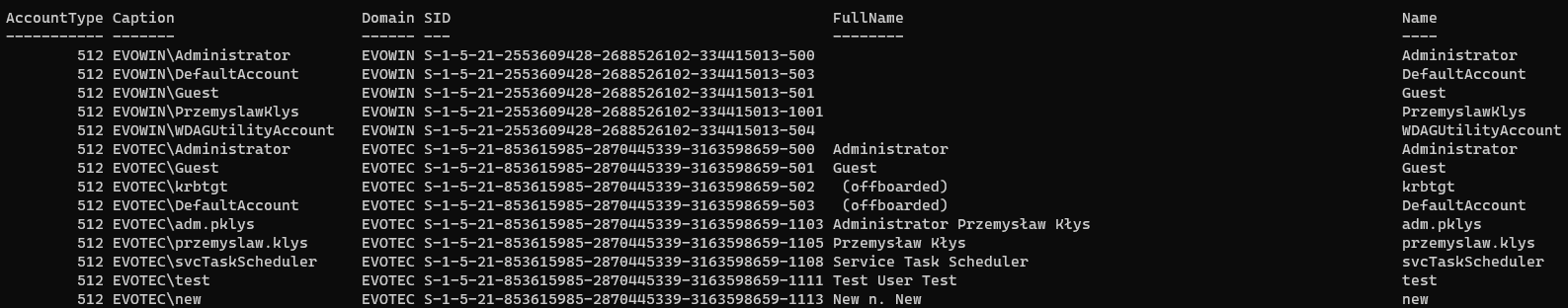 Niefiltrowane zapytanie Win32_UserAccount zwracajace uzytkownikow Active Directory oraz konta lokalne, co wyjasnia spowolnienie.