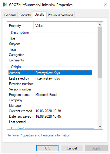 Karta Szczegóły w Eksploratorze Windows pokazująca metadane pliku Excel