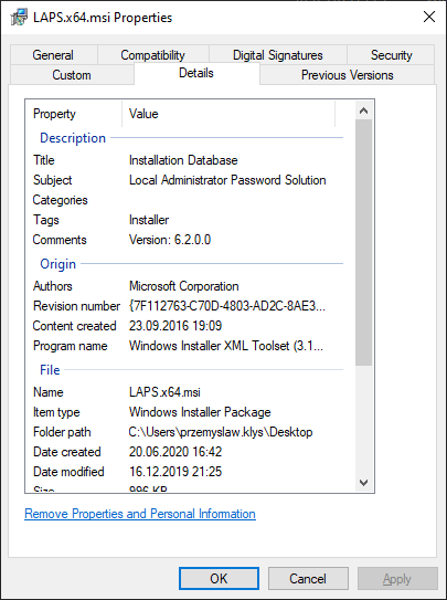 Karta Szczegóły w Eksploratorze Windows pokazująca metadane instalatora MSI