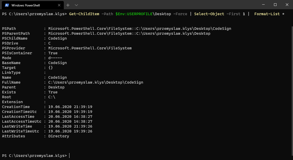 Wynik PowerShell Format-List pokazujący wszystkie właściwości pliku z pulpitu