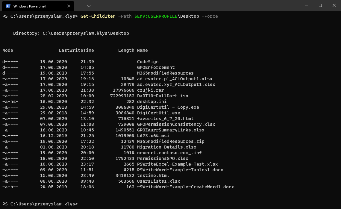 Wynik polecenia PowerShell Get-ChildItem pokazujący pliki na pulpicie
