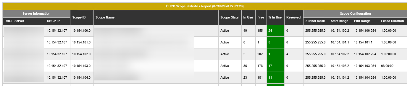 Widok raportu DHCP bez JavaScript z grupowanymi naglowkami i sformatowanymi kolumnami wykorzystania.