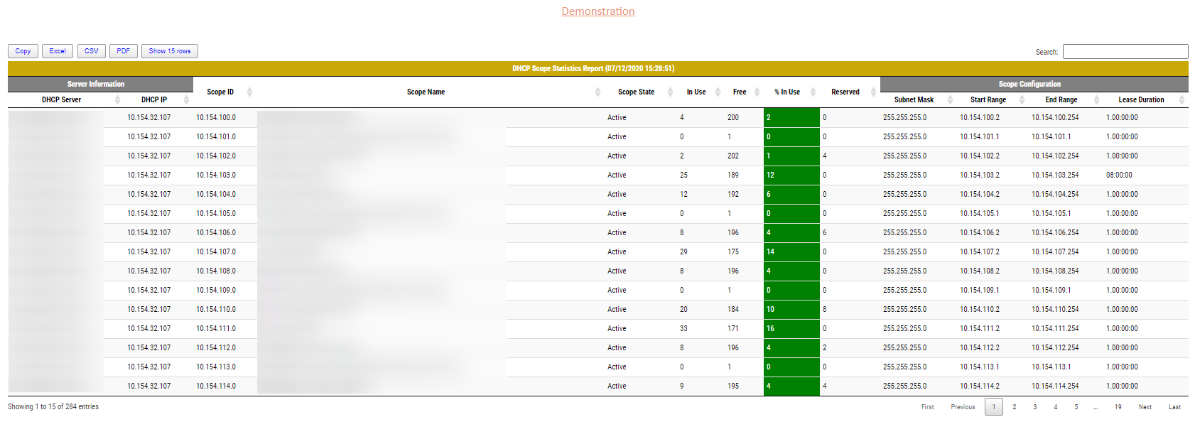 Dolaczony interaktywny raport DHCP otwarty w przegladarce z opcjami eksportu i wyszukiwania.